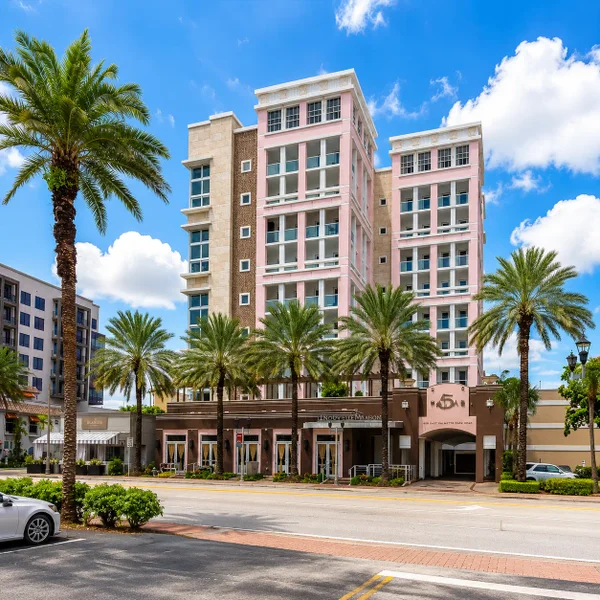 5 Palms Condo in downtown Boca Raton with palm-lined street, pink luxury building, and South Florida real estate appeal.
