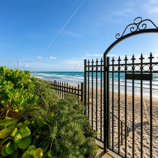 Excelsior Boca Raton private beach access with ocean gate, tropical dunes, and luxury South Florida coastal living.