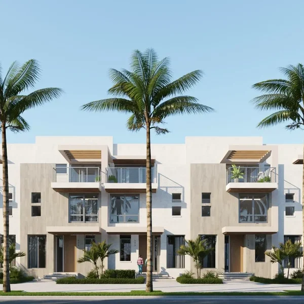 Rendering of Fifth Avenue Townhomes new construction in Delray Beach, South Florida with modern design and palm-lined streets.