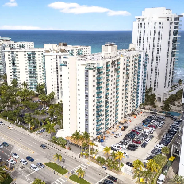 Aerial view of Hollywood, South Florida, ocean view Condos.