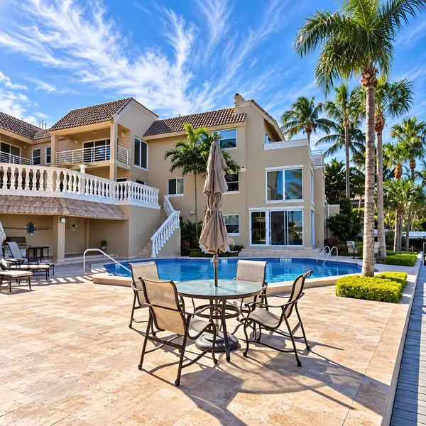 Lake Boca Villas Boca Raton waterfront pool with Mediterranean architecture, palm trees, and luxury coastal living.