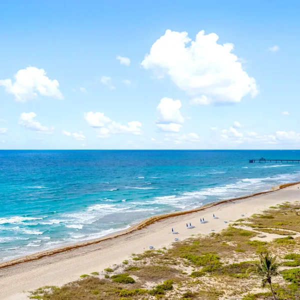 Luxuria condos Boca Raton beach view with Atlantic Ocean, sandy shoreline, coastal dunes, and luxury real estate lifestyle.