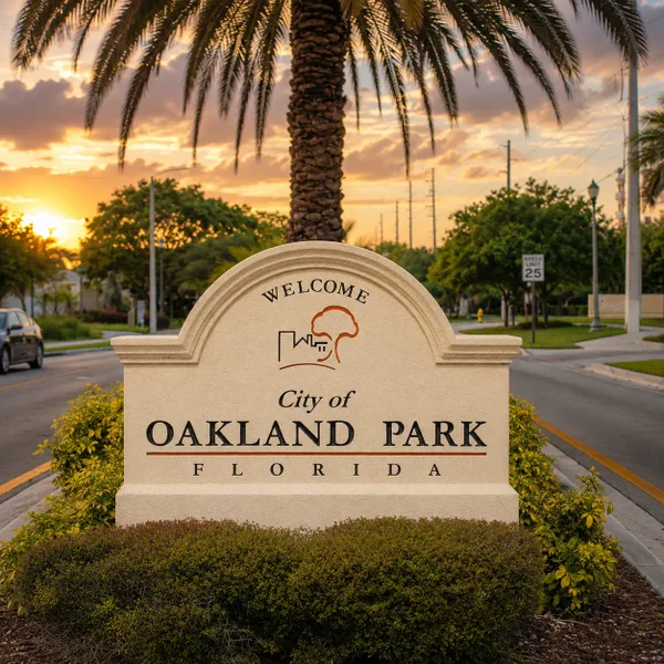 City of Oakland Park, Florida welcome sign with palm trees, landscaped median, and South Florida Luxury neighborhood streets.