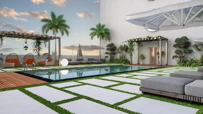 Rendering of rooftop at Aria Delray featuring pool, daybeds and gondola.