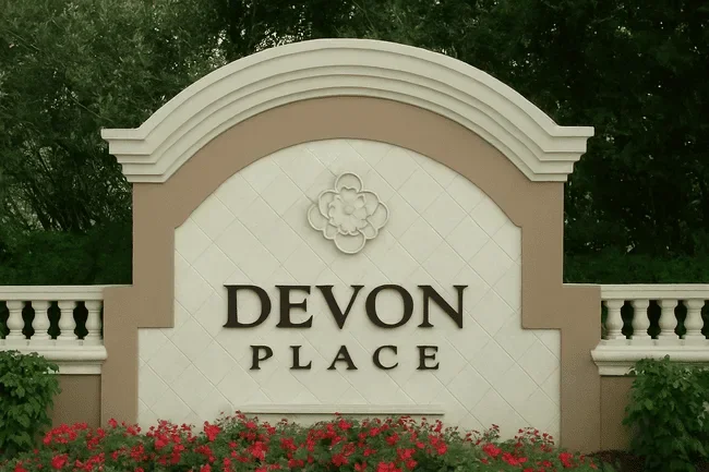 Community entrance sign for Devon Place in Woodfield Country Club, Florida