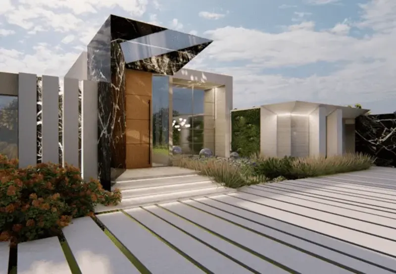 Modern luxury home entrance at Modern Garden Estates, Delray Beach, featuring sleek marble, glass, and landscaped walkway.