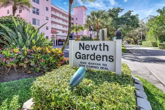 Community entrance sign for Newth Gardens in Boca Raton, Florida