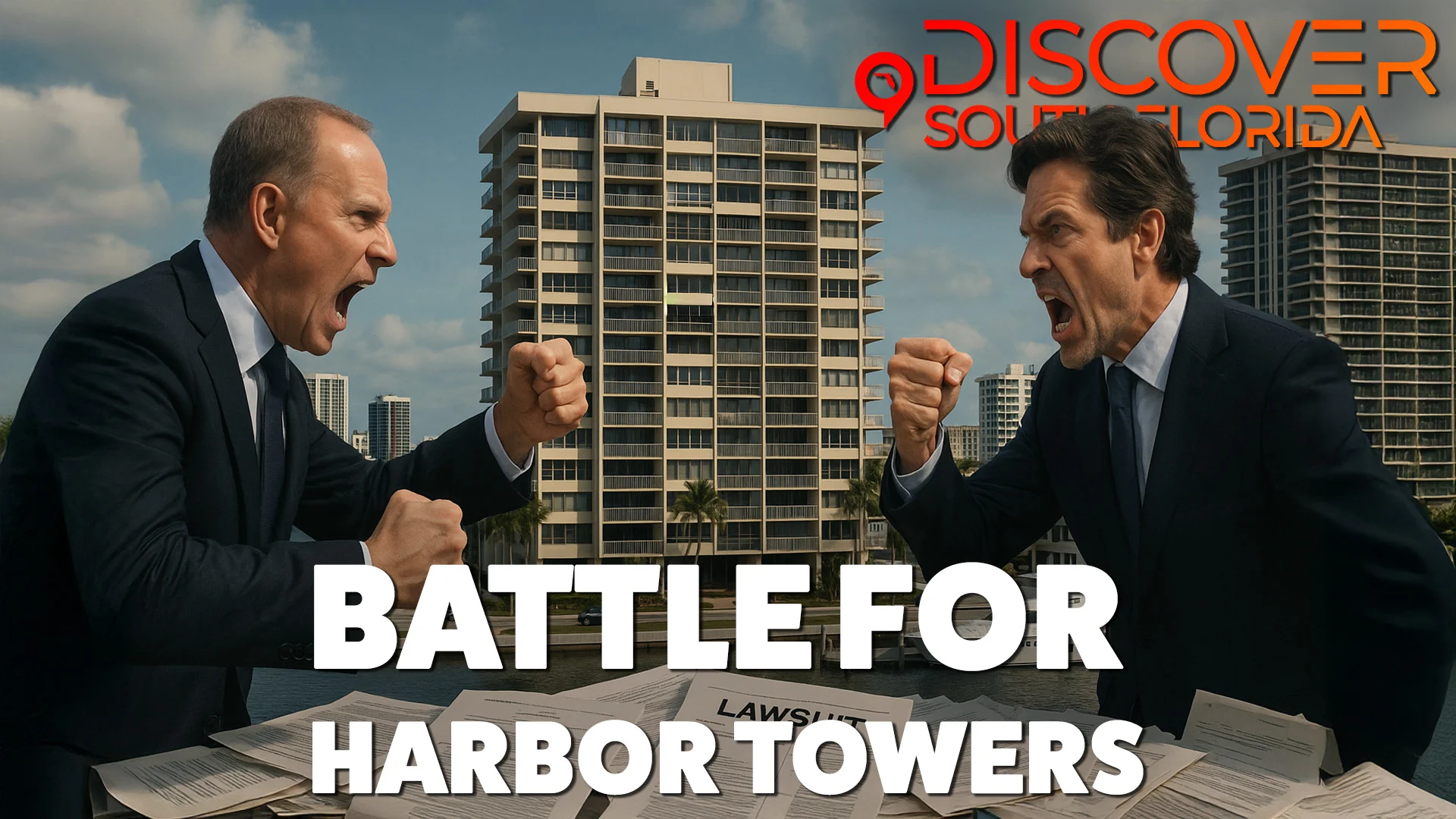 Two businessmen in suits angrily facing off with clenched fists and with Harbor Towers condominiums in the background. 