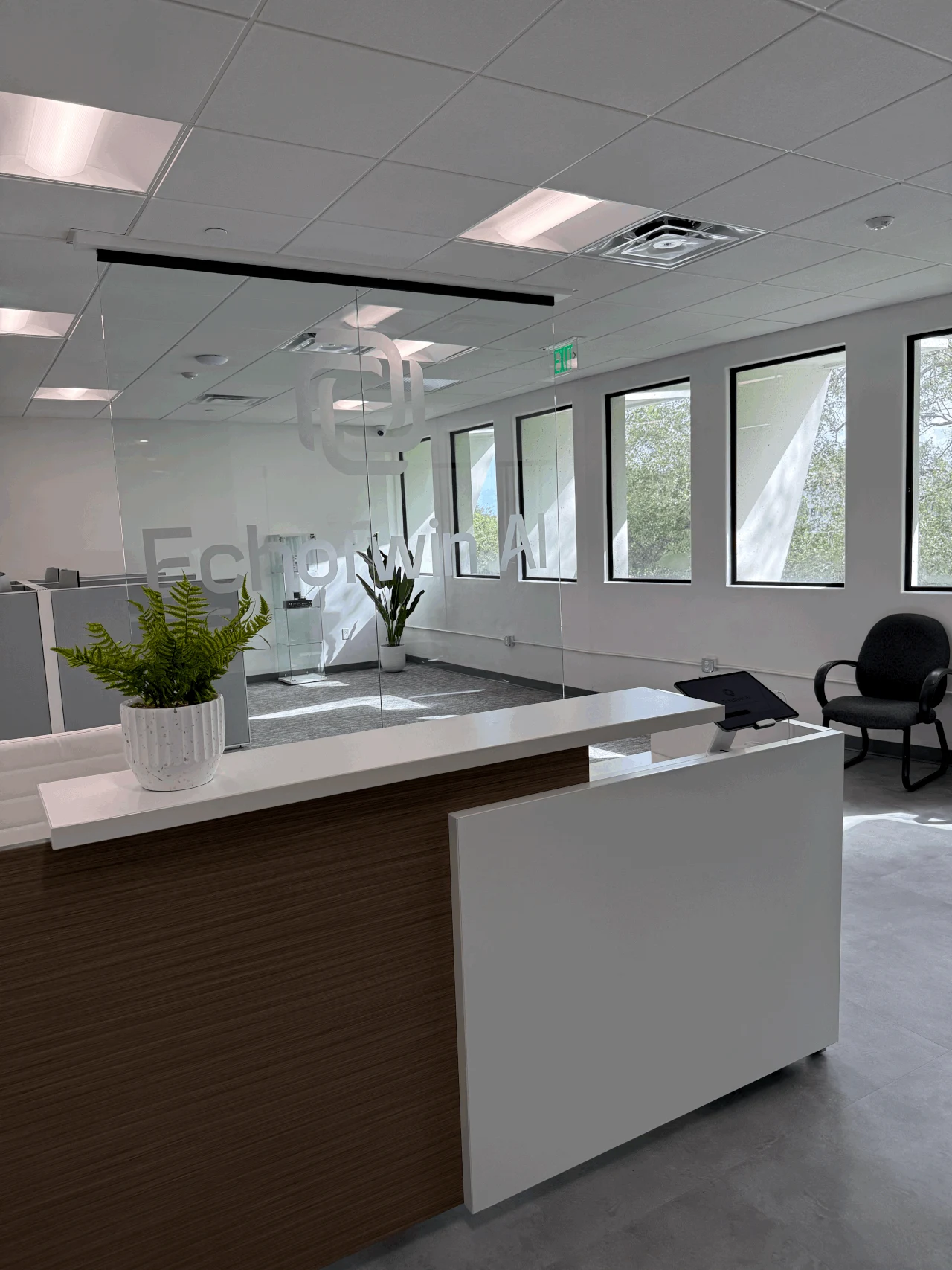 Modern EchoTwin AI office with sleek reception desk, glass walls, plants, and bright natural light.