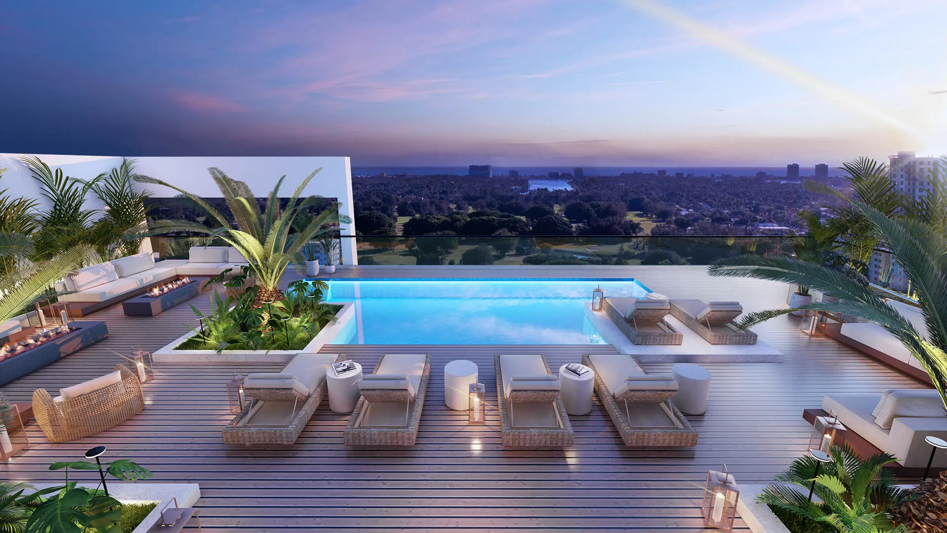 Rooftop pool and lounge at Gaia Residences Hollywood featuring ocean views and resort-style amenities