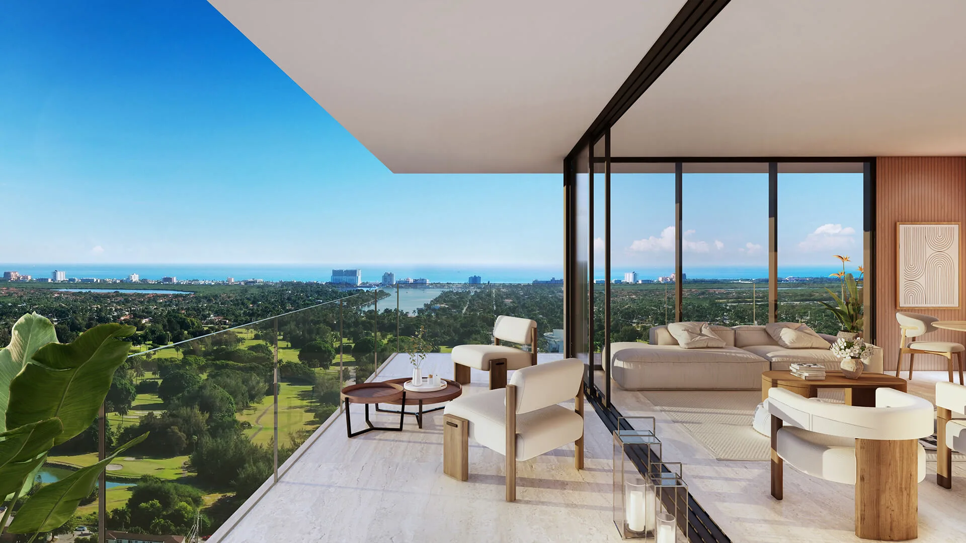 Balcony view from Gaia Residences condo in Hollywood FL overlooking golf course and Atlantic Ocean