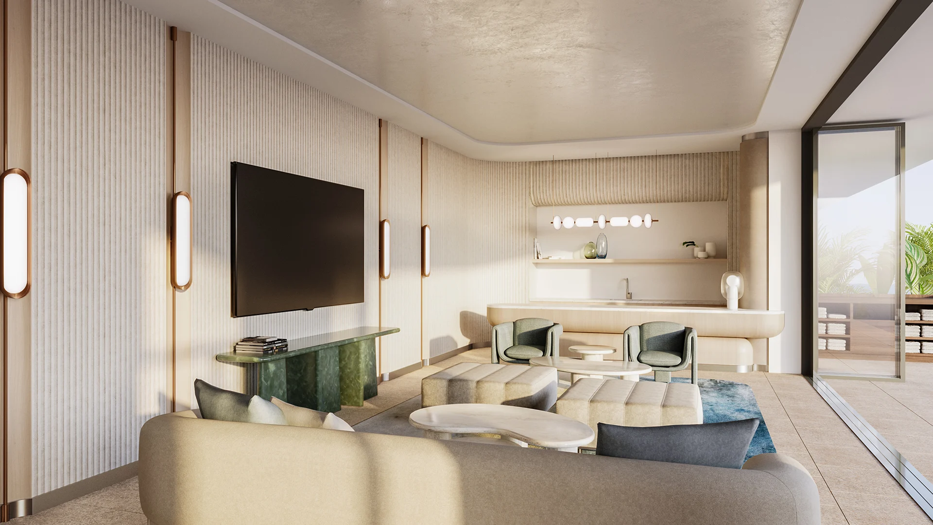 Interior of Casamar Pompano Beach showcasing a modern lounge with soft neutral tones, designer lighting, and panoramic ocean views through floor-to-ceiling windows.