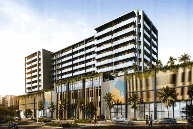 Corner rendering of Astor Progreso Village highlighting street-facing retail space, palm-lined sidewalks, and glass-balcony apartments.