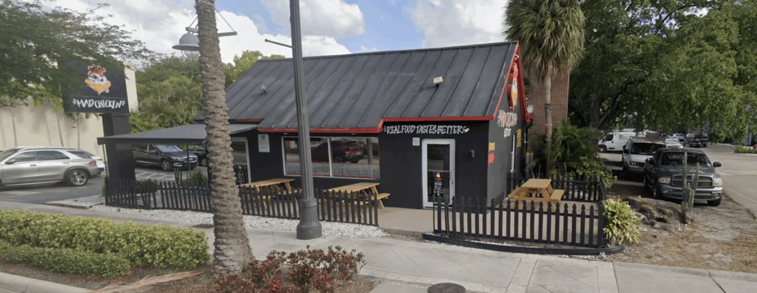 A street-level view of the current Mad Chicken restaurant building in Pompano Beach