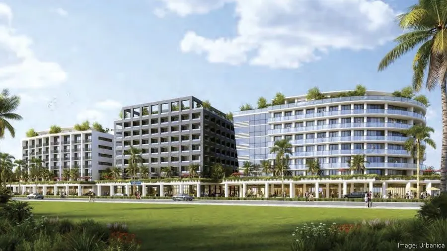 Rendering of proposed Dania Beach mixed-use towers with modern glass design, condo-hotel units, hotel rooms, and ground-floor retail.
