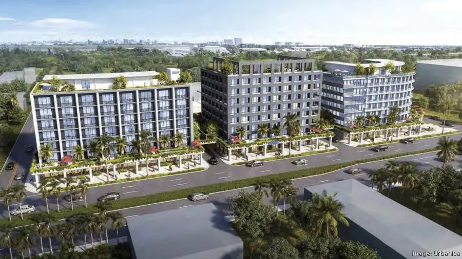 Proposed Dania Beach mixed-use development featuring three modern towers with glass facades, integrated retail, and landscaped pedestrian walkways.