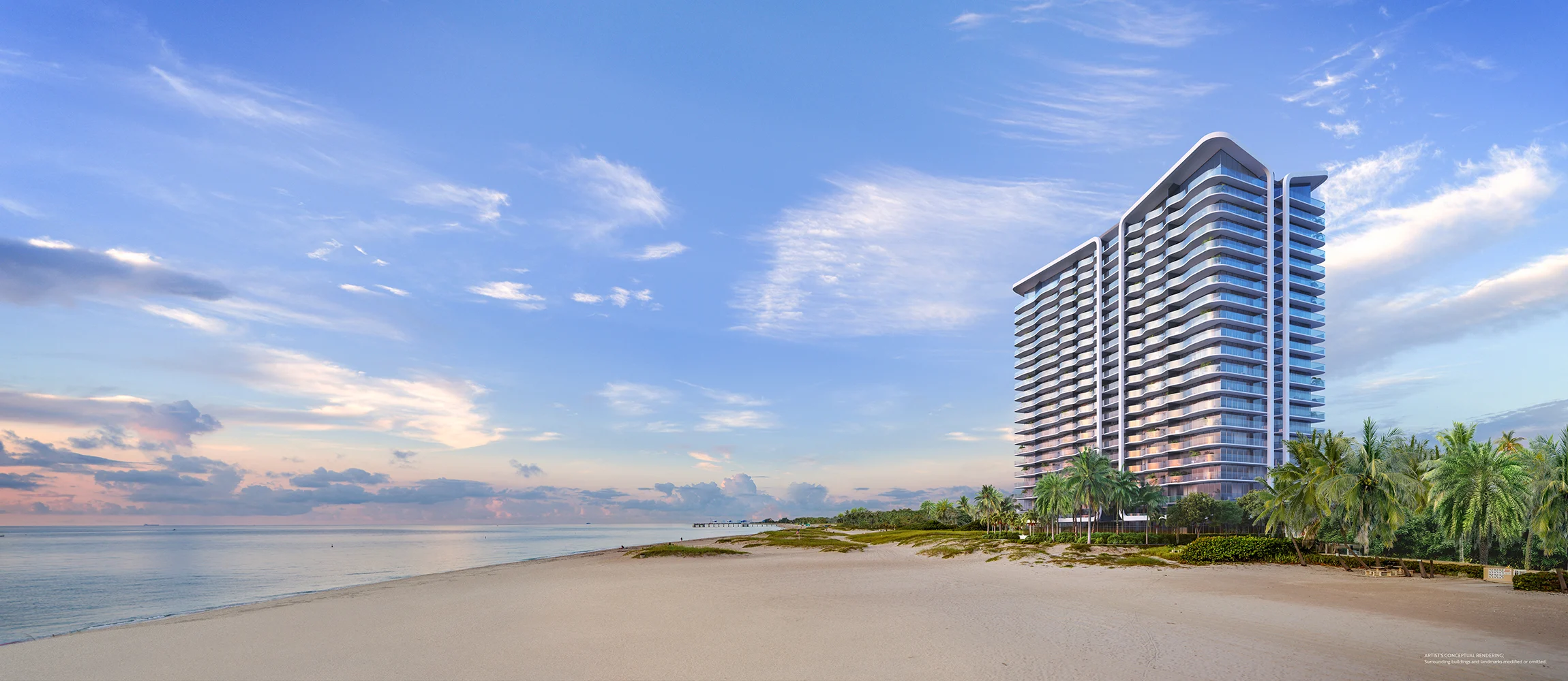 xterior view of Casamar Pompano Beach, a 21-story luxury condominium tower on the oceanfront, surrounded by palm trees and sandy beaches at dawn.