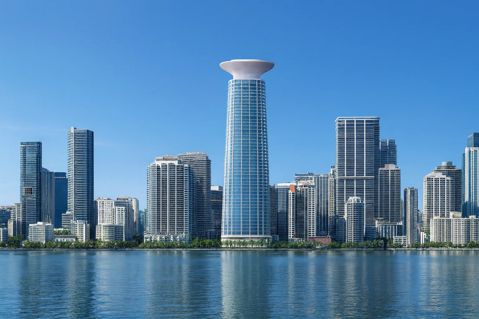 Sunset view of Miami's Brickell skyline with a glowing, modern skyscraper rising at the center.