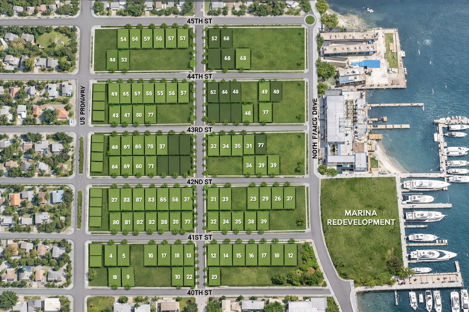 Site plan map of The Estates at NOMAR in Northwood, West Palm Beach, showing home lots between 40th and 45th streets near the marina.