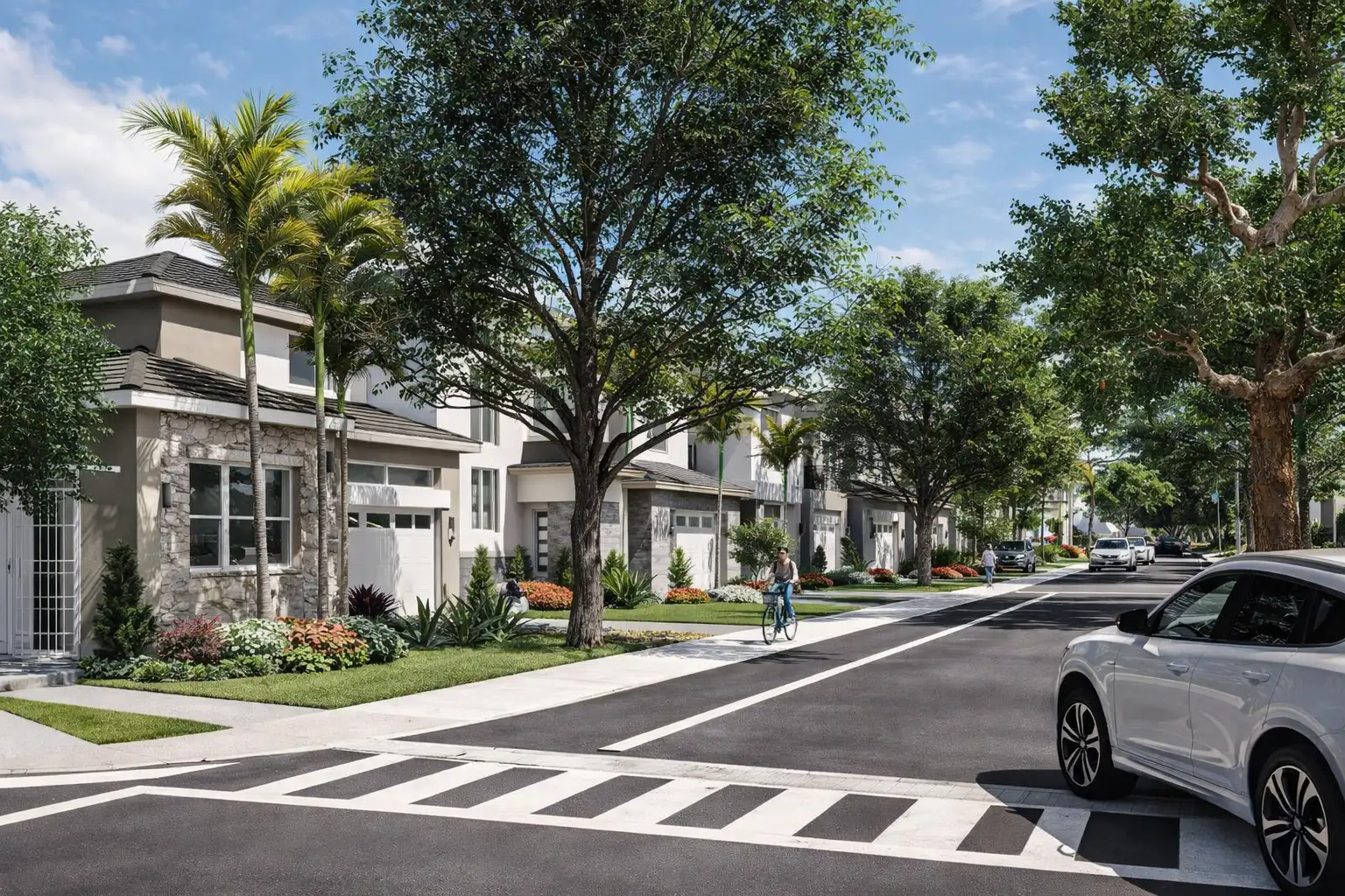 new construction neighborhood in Nomar West Palm Beach with tree-lined sidewalks, landscaped yards, and two-story homes.