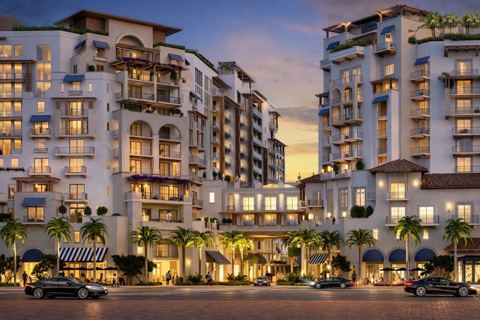 rendering of Via Mizner luxury condo and hotel complex in Boca Raton with palm-lined street and lit balconies.