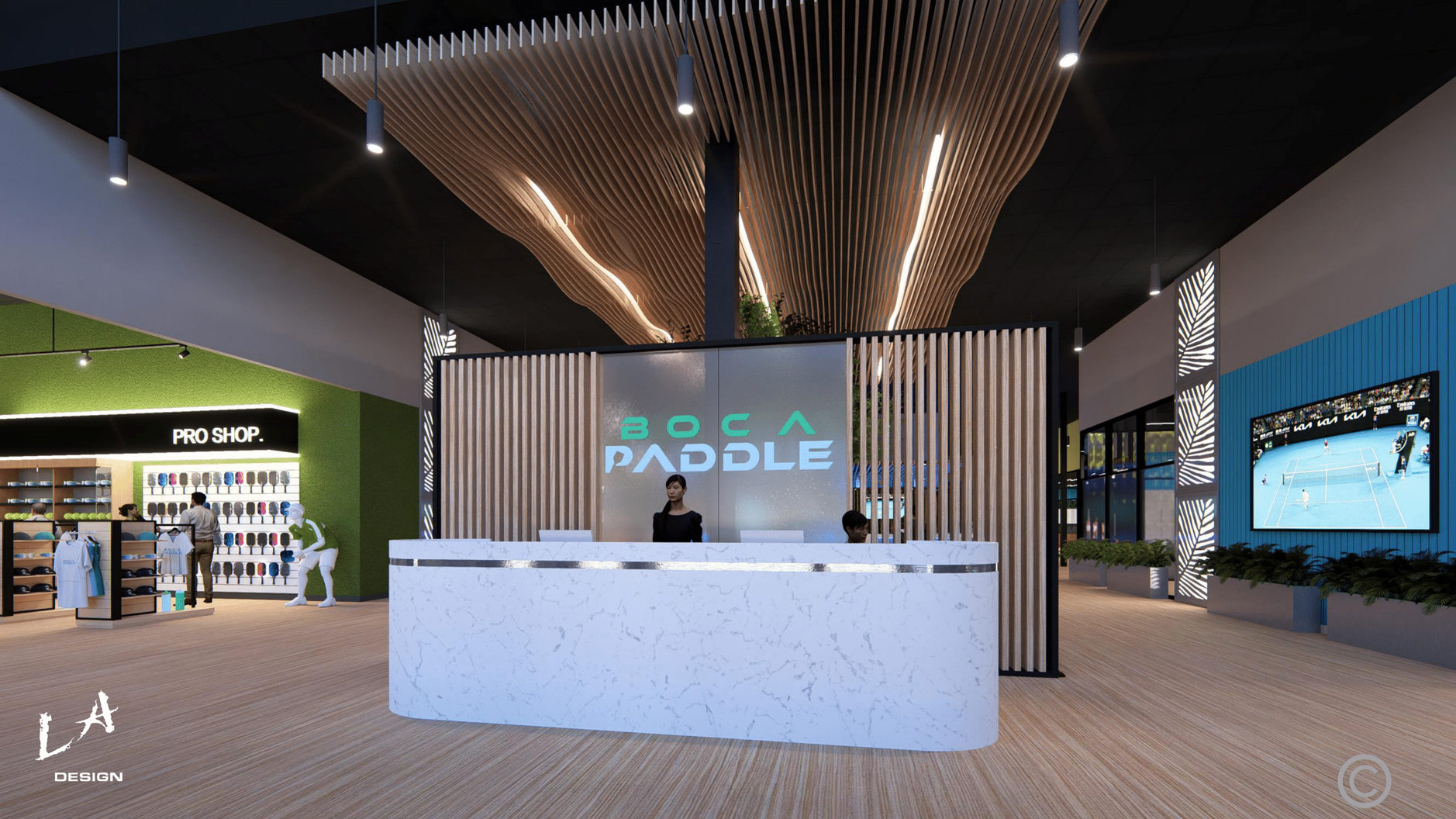 Interior of Boca Paddle club in Boca Raton with modern design, marble desk, pro shop, and padel-inspired decor.
