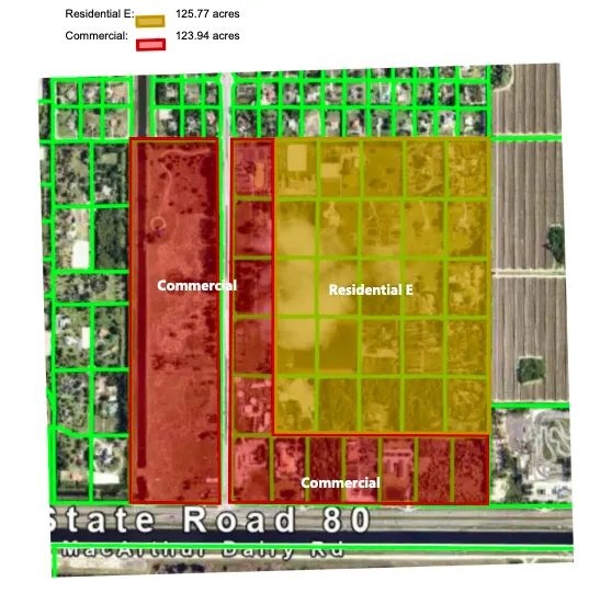 Aerial zoning map of Wellington, Florida, showing 257-acre area with marked commercial and residential zones, highlighting land designated for new NuRock affordable housing projects in Palm Beach County.