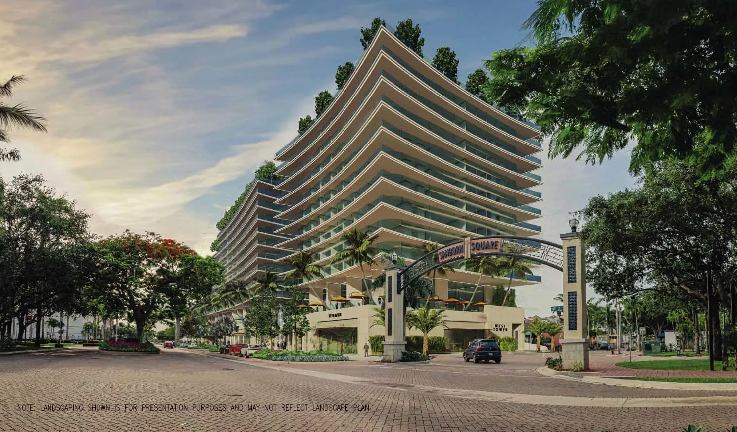 Perspective rendering of Mizner Plaza Hotel in Downtown Boca Raton near Sanborn Square entrance, showcasing twin towers and rooftop greenery.