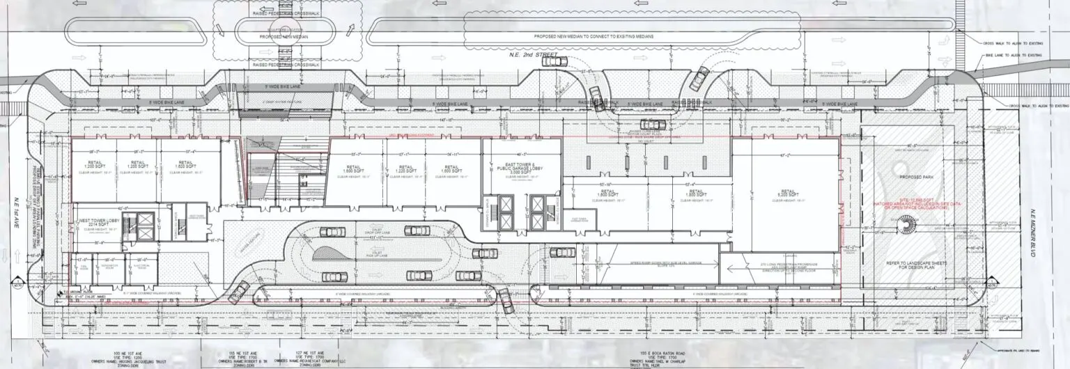 Architectural site plan for Mizner Plaza Hotel in Downtown Boca Raton, showing layout for towers, retail, and proposed park