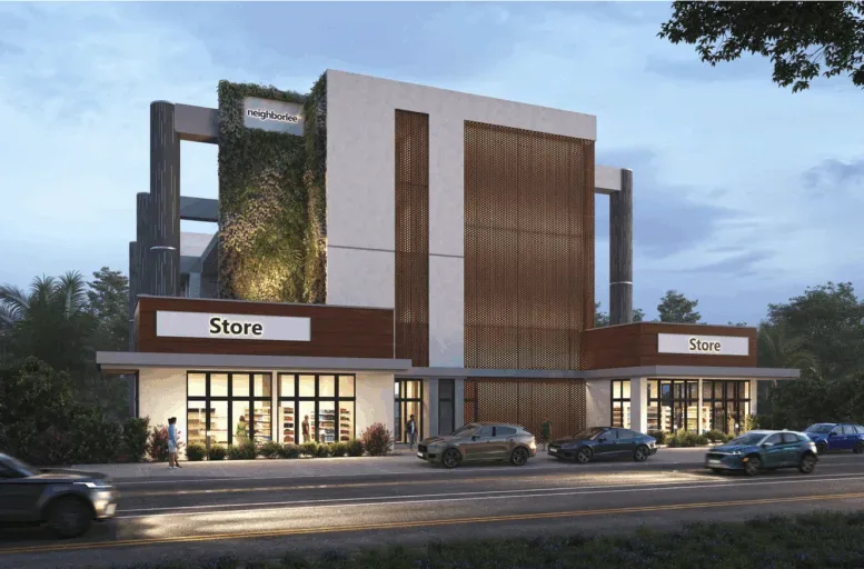 Street-level rendering of Neighborlee Living Westgate with ground-floor retail stores and cars along Westgate Avenue.
