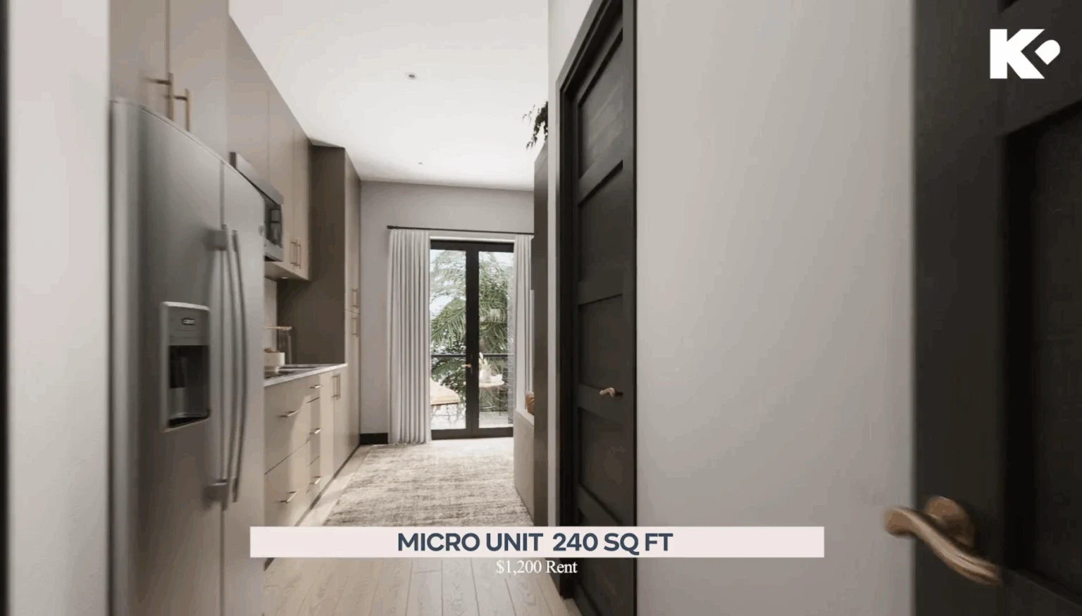 Interior of a 240-square-foot micro apartment unit in West Palm Beach with kitchenette and balcony access.