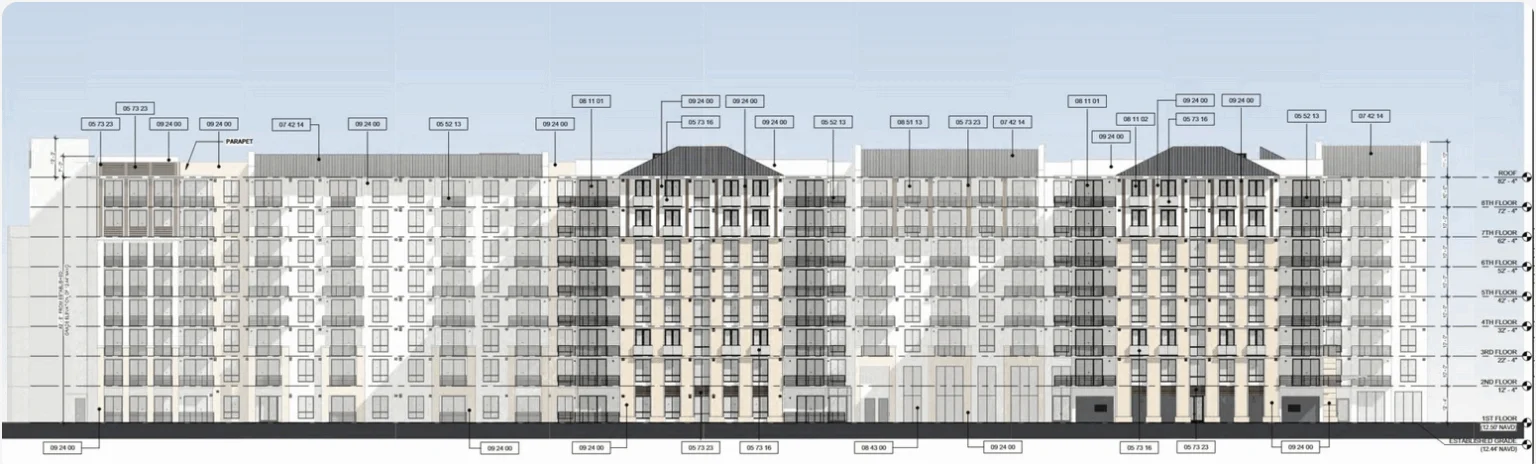 Architectural elevation plan of the Bocora Project in Boca Raton, showing the design layout of the eight-story residential building