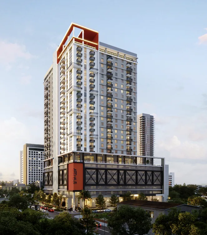 Rendering of Art Lofts Fort Lauderdale, a 26-story residential tower featuring 265 apartments and workforce housing units near the Brightline station, designed by Dorsky + Yue Architecture.