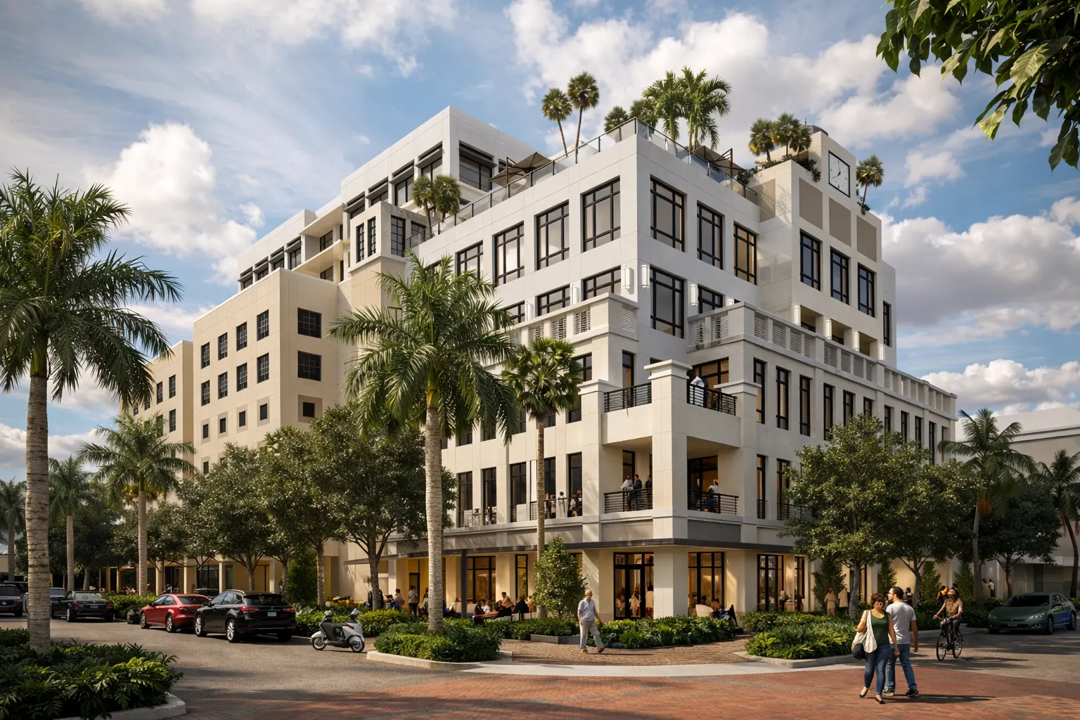 Rendering of the Aletto project in downtown Boca Raton with Bank OZK construction loan check highlighting new Class A office development.