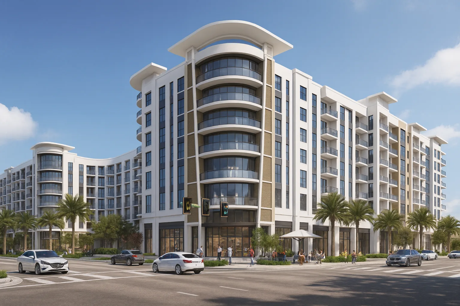 Street-level view of The Residences at Bayview, an 8-story modern apartment development at 1040 Bayview Drive in Fort Lauderdale, featuring curved balconies, large glass windows, and ground-floor retail.