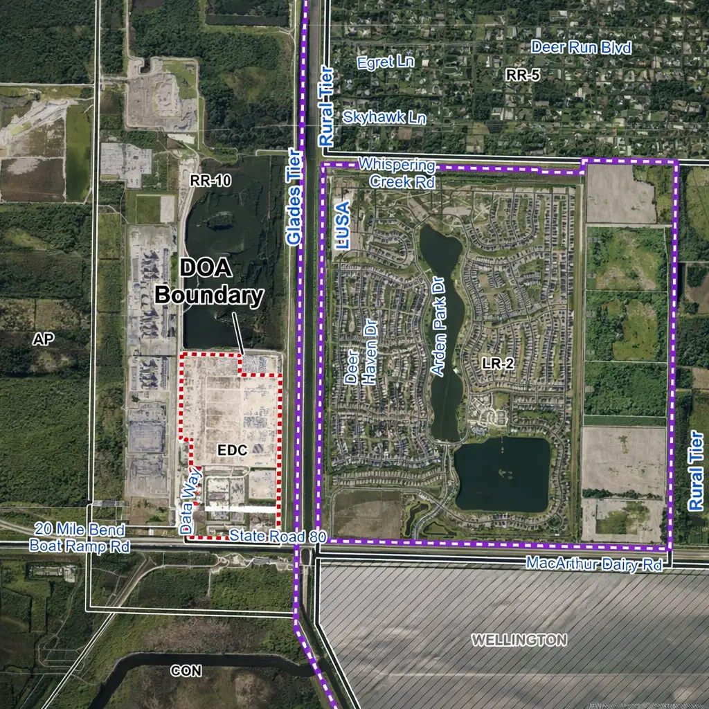 Aerial map showing the Project Tango area along State Road 80, with the DOA boundary labeled and the EDC/data center site