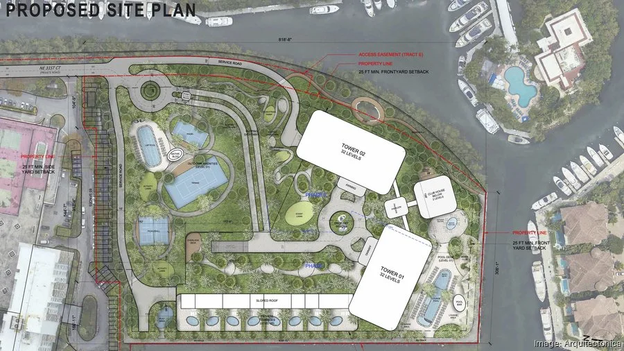 Proposed site plan for new Aventura condos by Related Group and 13th Floor Investments, showing layout of two 31-story towers, resort-style pools, tennis courts, and waterfront amenities.
