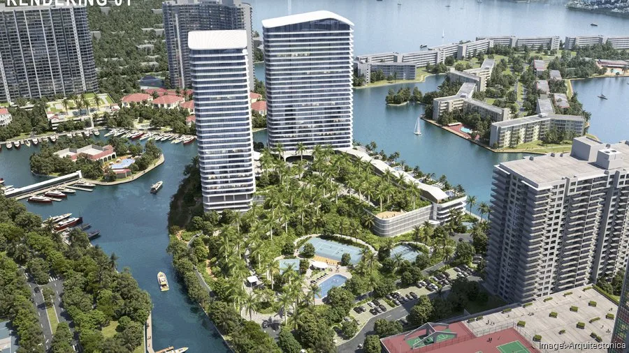 Rendering of the proposed Aventura condo development showing the twin towers overlooking the Intracoastal Waterway