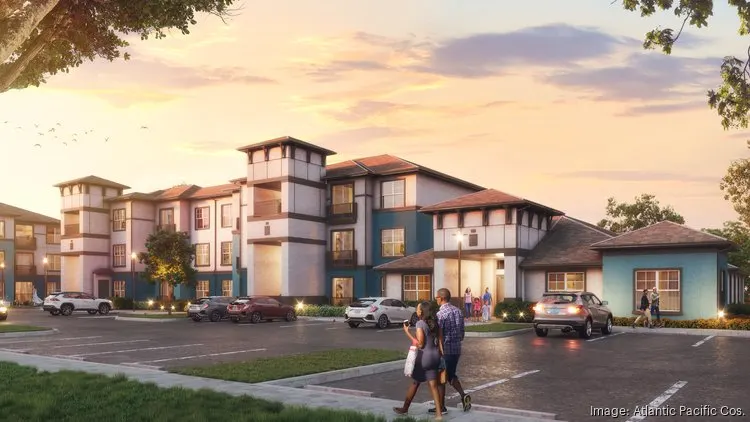 Architectural rendering of the Residences at Martin Manor, a modern three-story affordable housing community in Boca Raton with family-friendly amenities and green space.