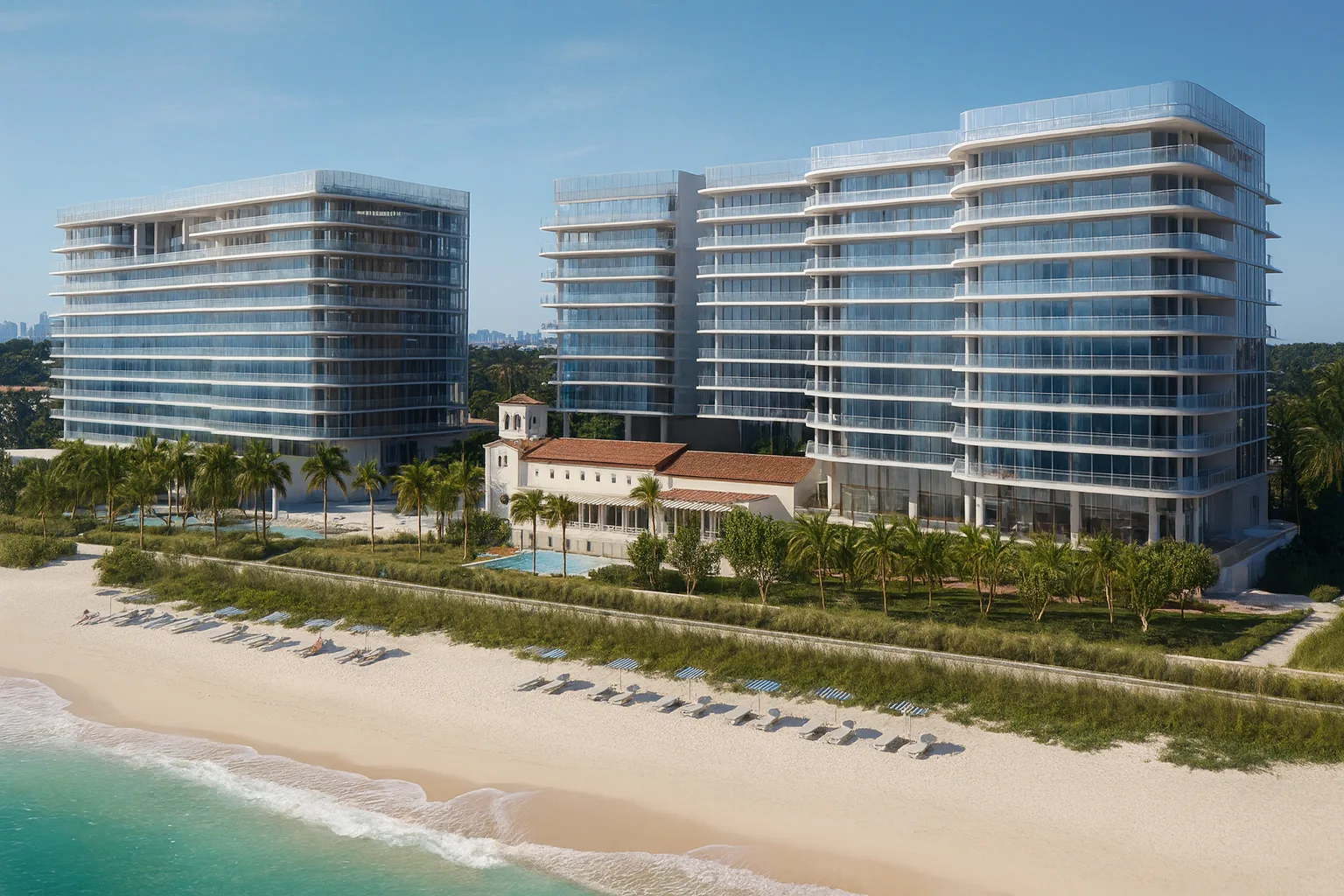 Hyperrealistic view of luxury beachfront condominium towers with glass facades