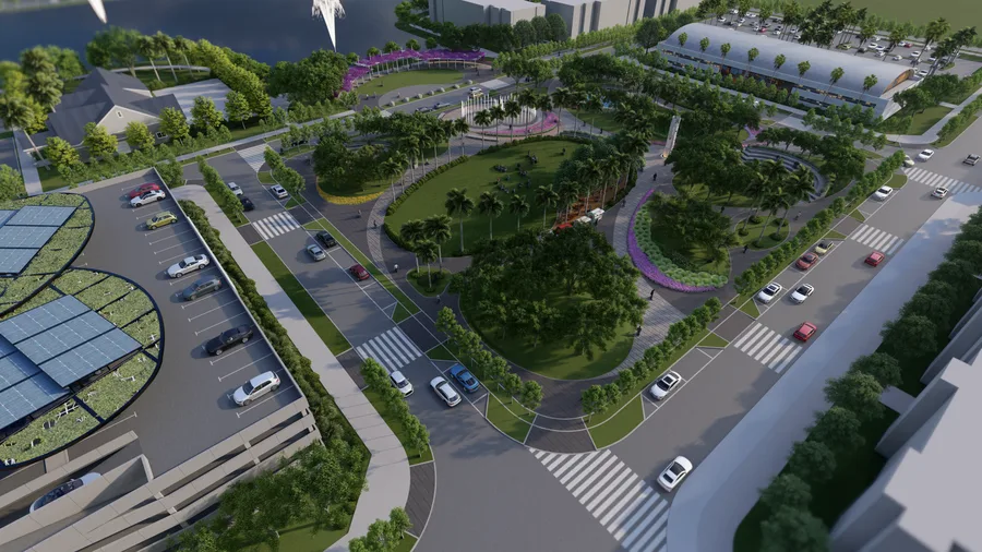 Aerial rendering of Mainstreet at Coconut Creek’s central park area with landscaped green spaces