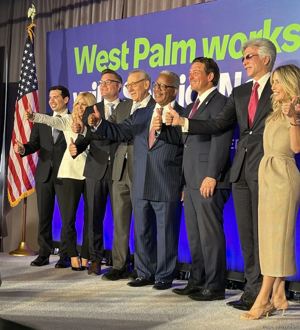 Business and political leaders, including ServiceNow executives, Stephen Ross, and Florida officials, celebrating ServiceNow’s expansion into West Palm Beach