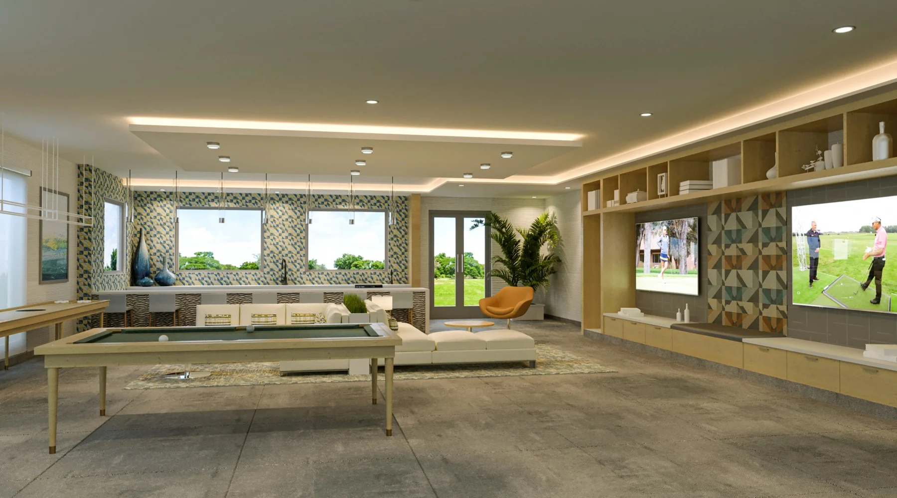Modern clubhouse lounge at Astor Sound in Lake Worth Beach featuring a billiards table, open seating area, built-in TVs, and contemporary interior design with floor-to-ceiling windows.