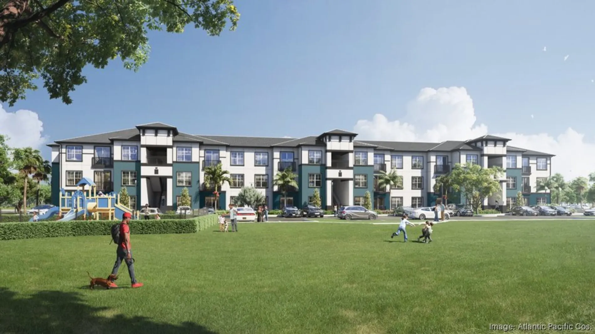 Architectural rendering of the Residences at Martin Manor, a modern three-story affordable housing community in Boca Raton. 