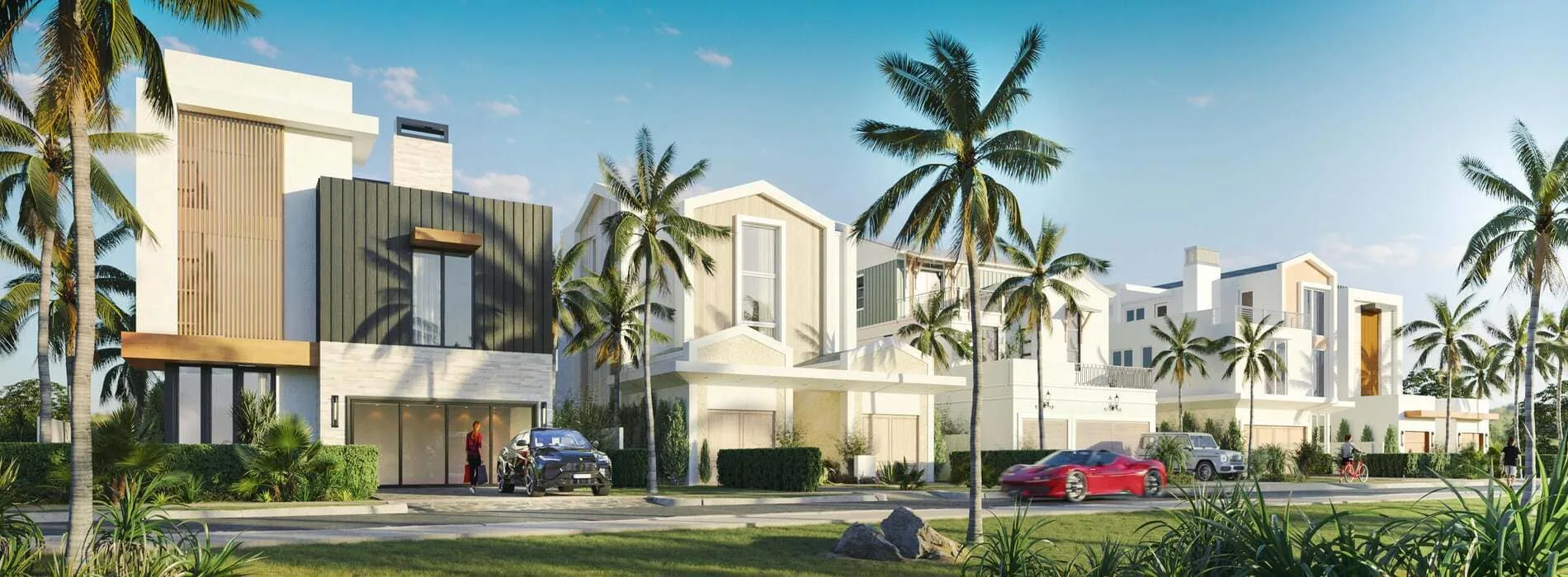 Modern luxury homes at Cache 11 in Delray Beach with palm trees, sleek architecture, and tropical landscaping.
