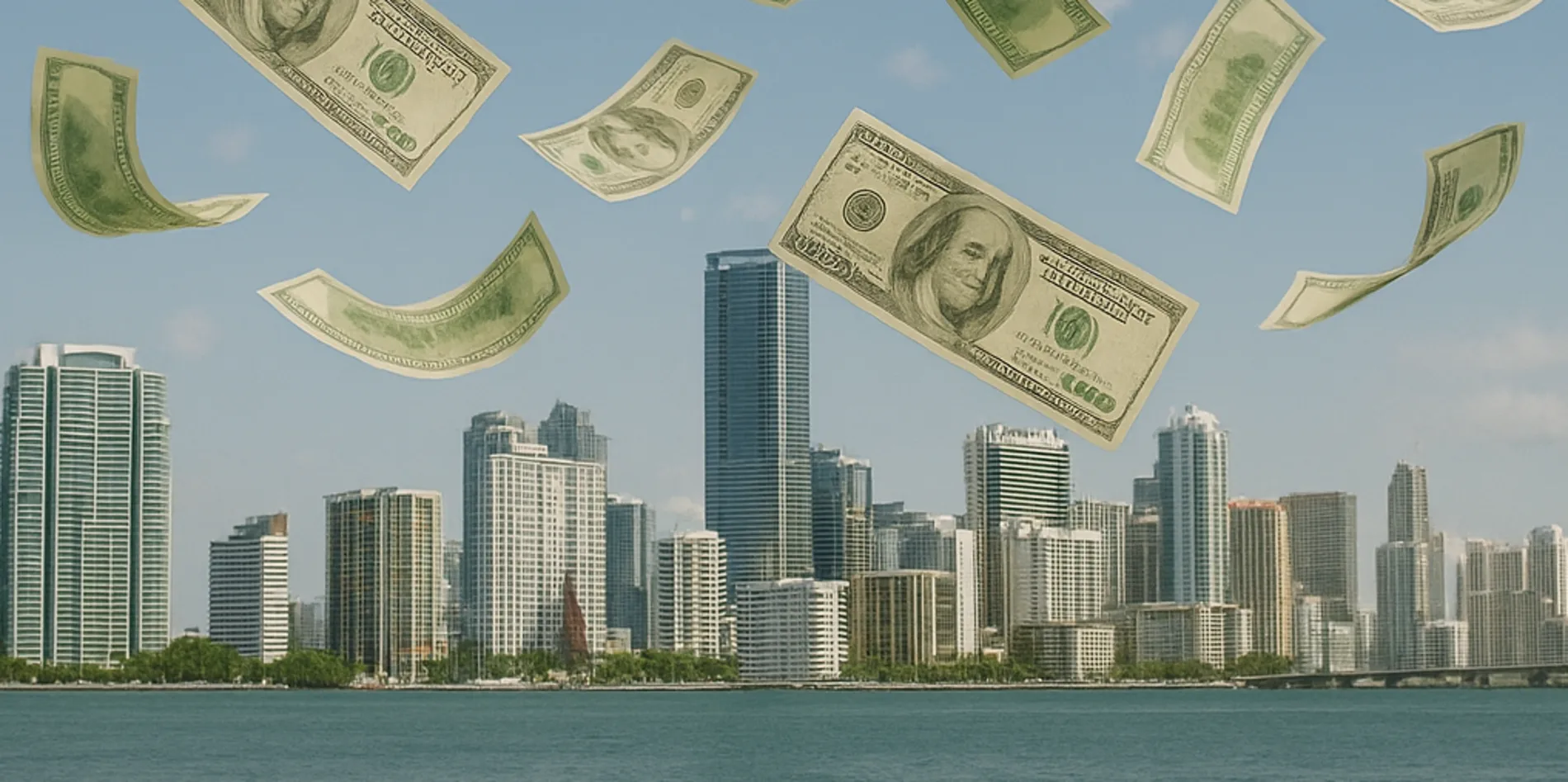 U.S. hundred-dollar bills falling from the sky over the Miami skyline, symbolizing the financial boom brought by wealthy New Yorkers relocating to South Florida.