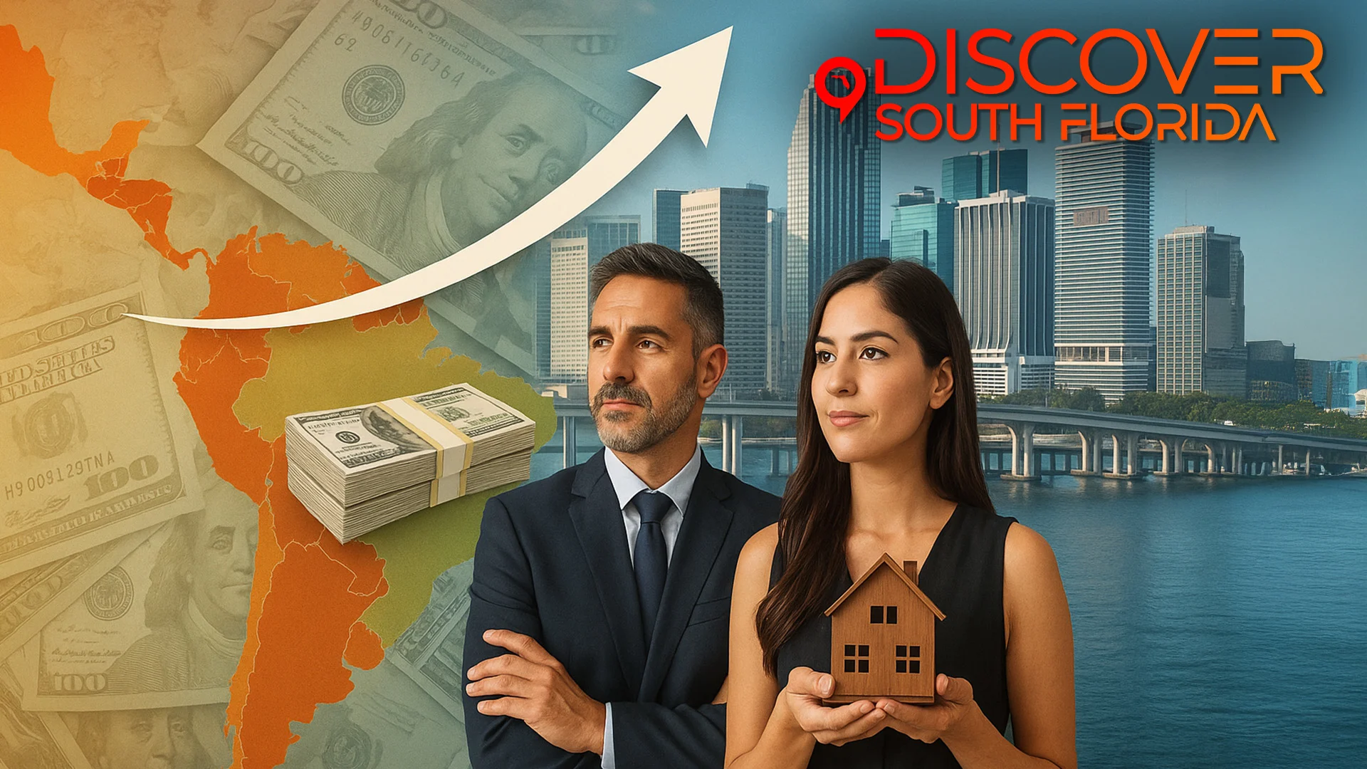 Professional business couple with a miniature house model in front of the Miami skyline, symbolizing Latin American investment growth in South Florida real estate