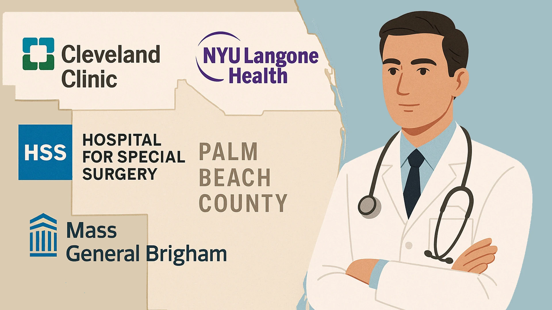 Illustration highlighting the West Palm Beach healthcare boom with logos of Cleveland Clinic, NYU Langone Health, Hospital for Special Surgery, and Mass General Brigham