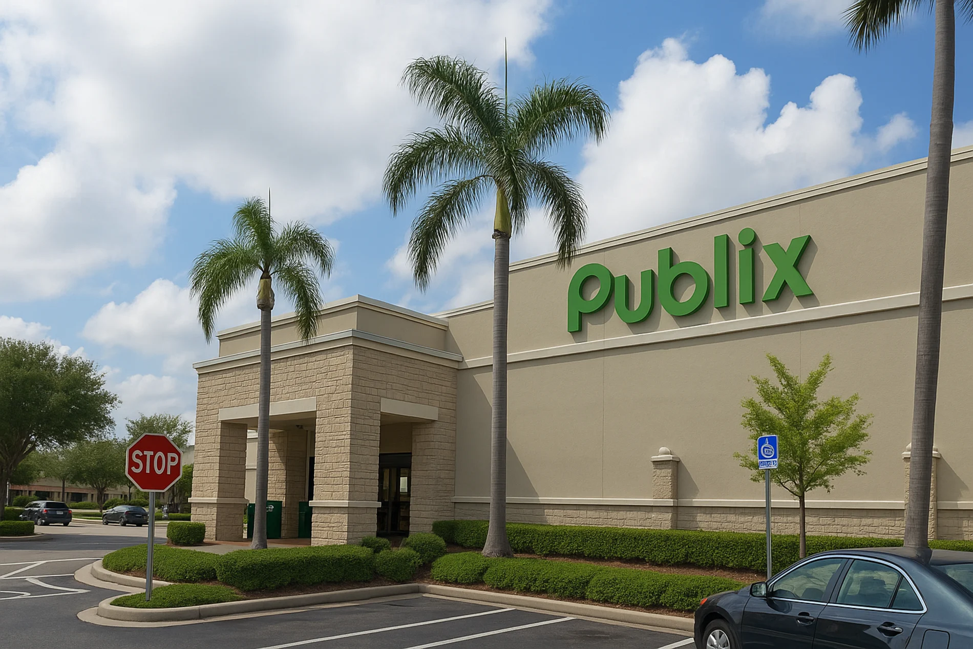 Exterior of a Publix supermarket with palm trees in West Palmetto