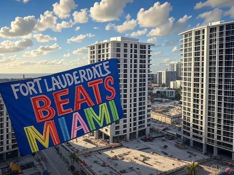 Colorful banner reading ‘Fort Lauderdale Beats Miami’ displayed over downtown apartment towers, symbolizing Fort Lauderdale’s rental market victory.